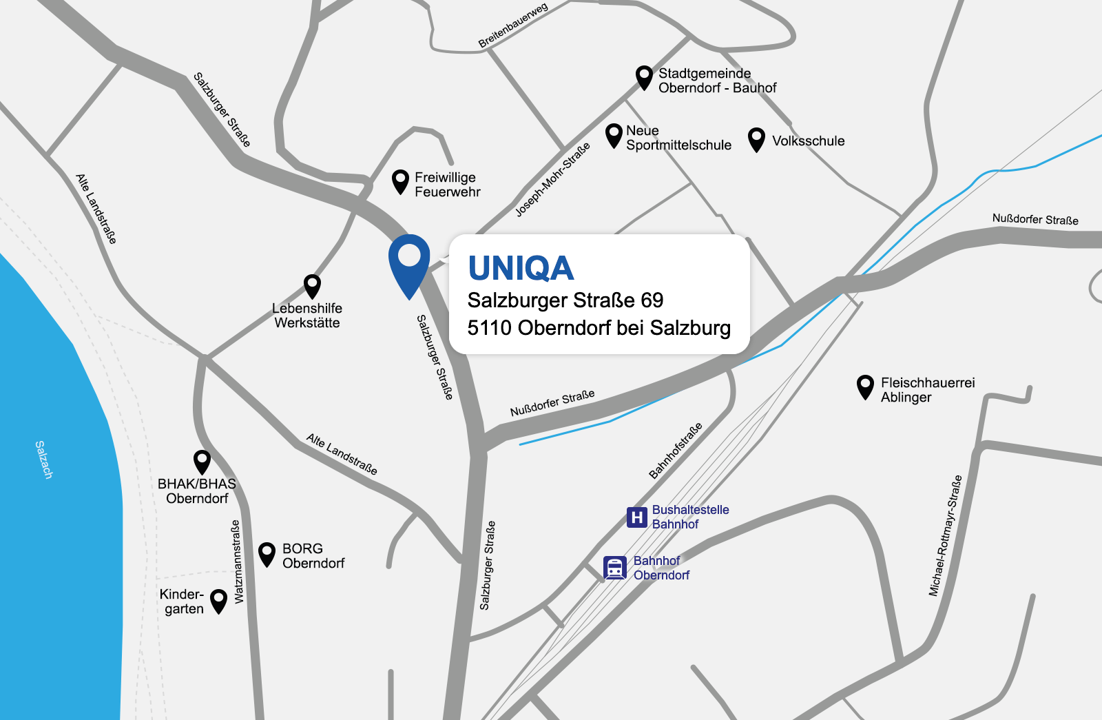 Eine detaillierte gezeichnete Karte der UNIQA Generalagentur Oberndorf